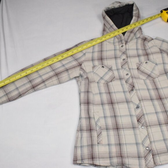 Kuhl Shirt Jacket Shacket Womens Small Beige Plaid Kleo Grunge Hooded Snap Heavy - Picture 11 of 14